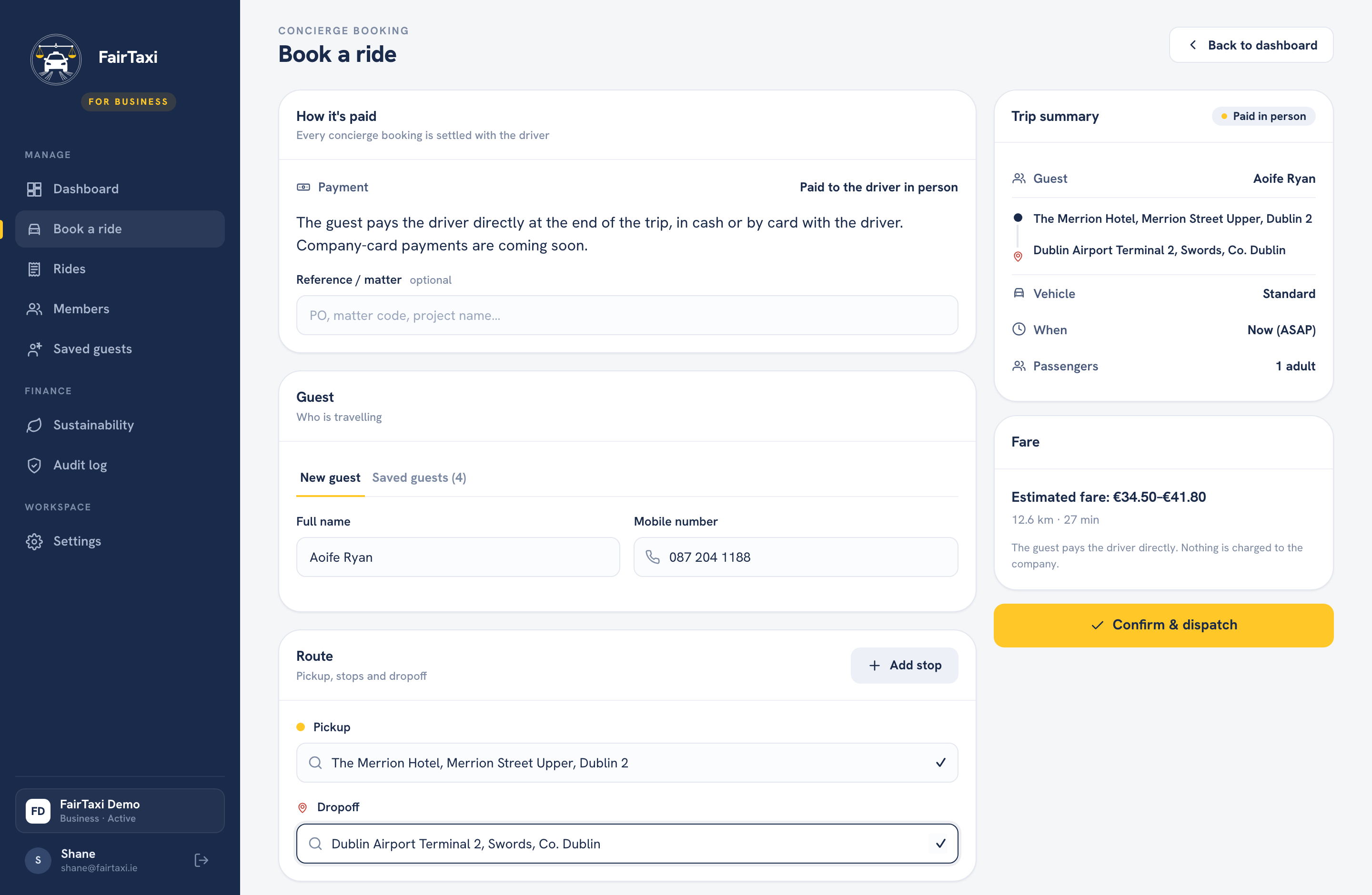 FairTaxi Business concierge booking form for guests and staff