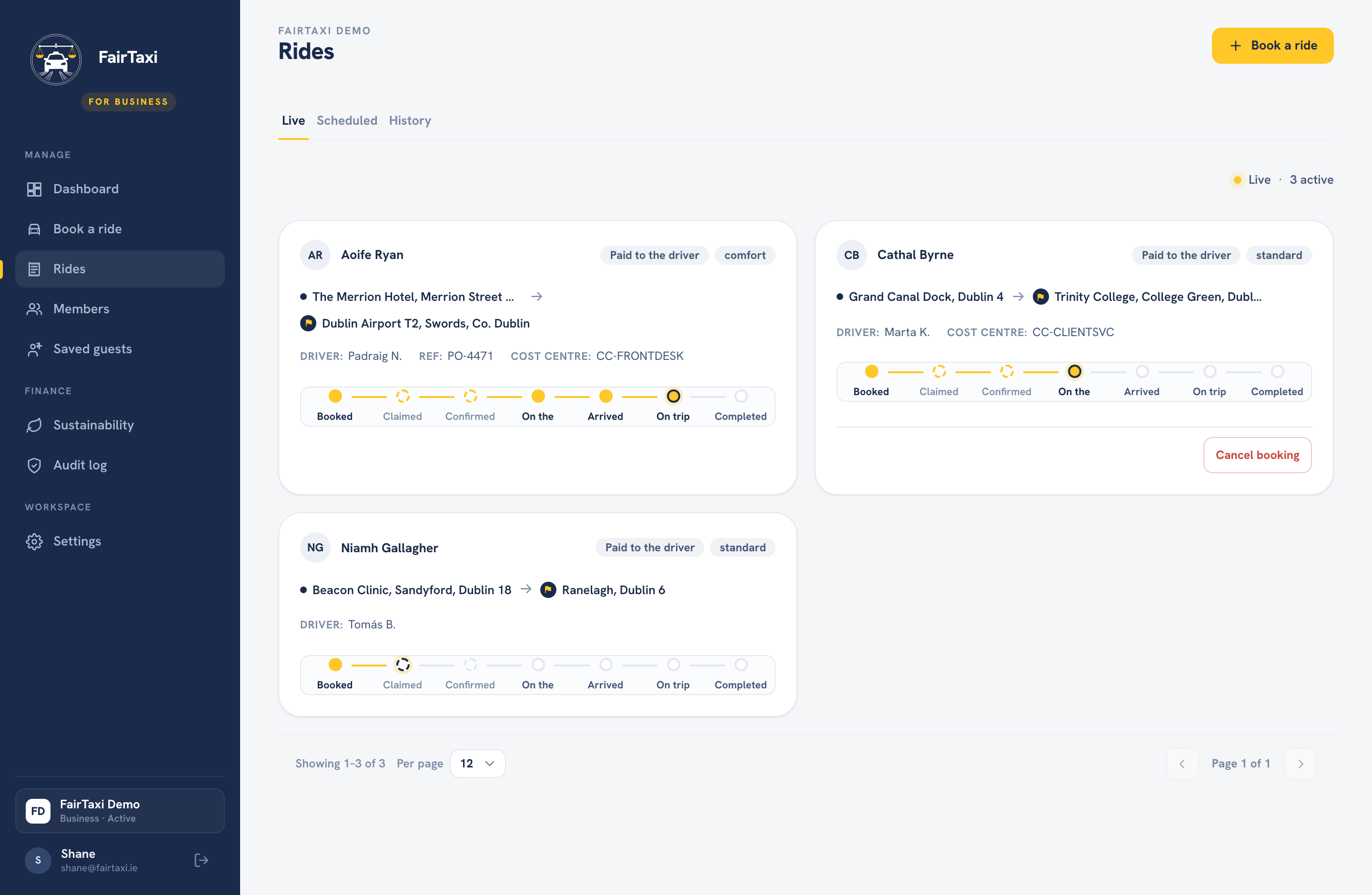 FairTaxi Business live ride tracking with driver and vehicle details