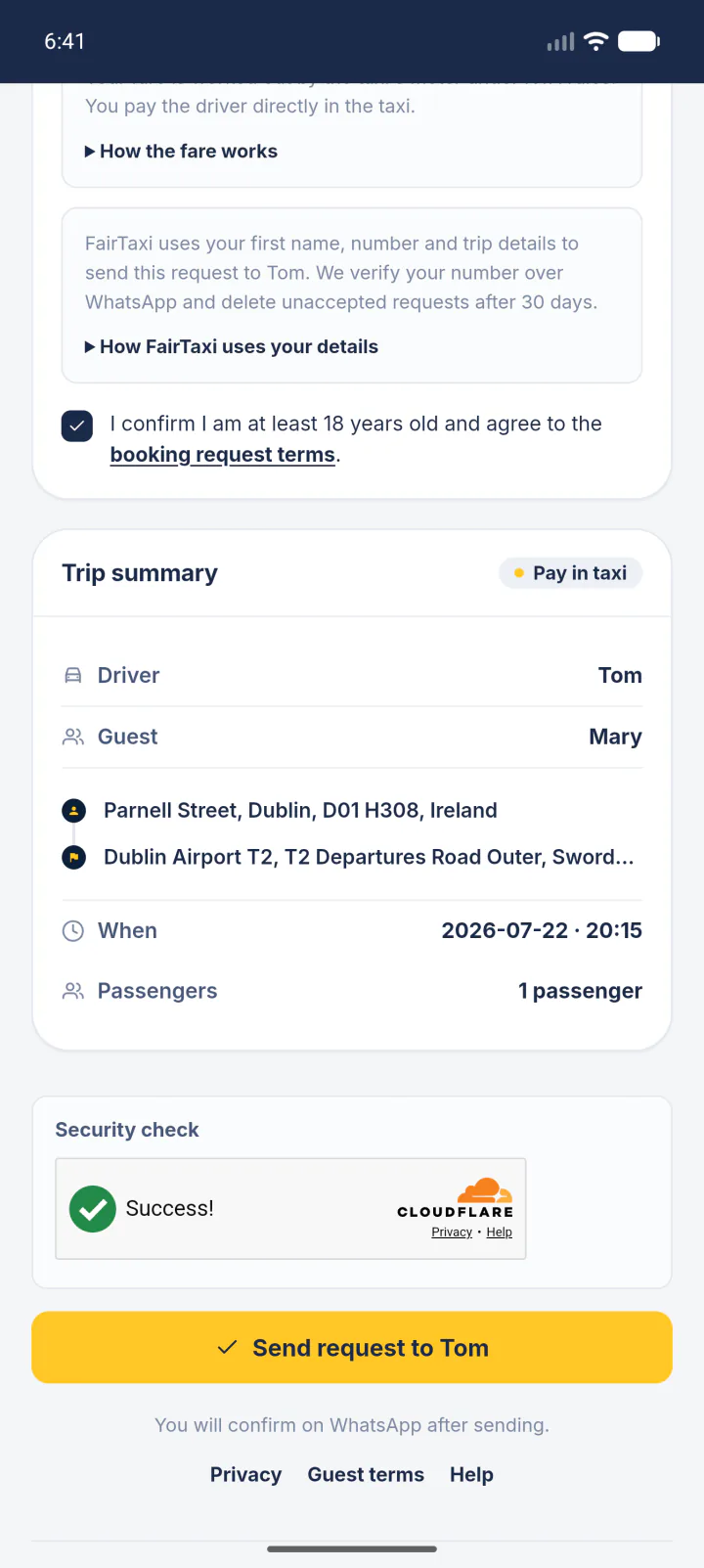 A rider sending a booking request from a driver's own FairTaxi booking page, on Android