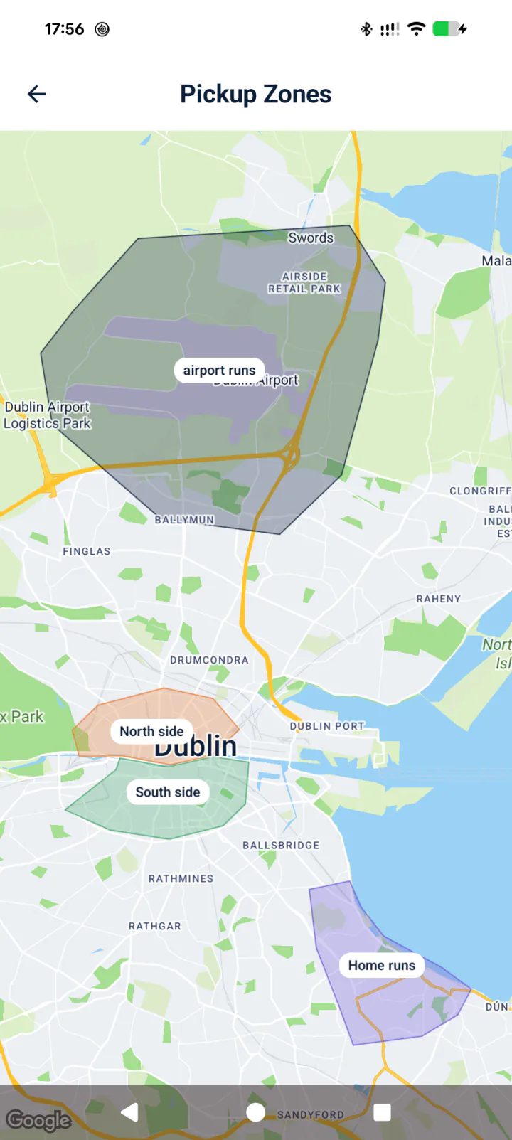 Pickup zones drawn on a map of Dublin in FairTaxi Driver on Android