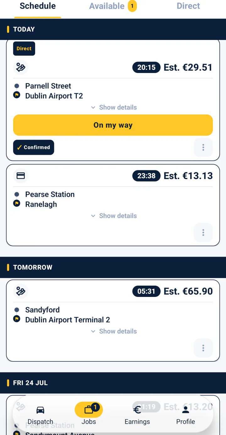 Claimed prebooked rides on the FairTaxi Driver schedule, on Android