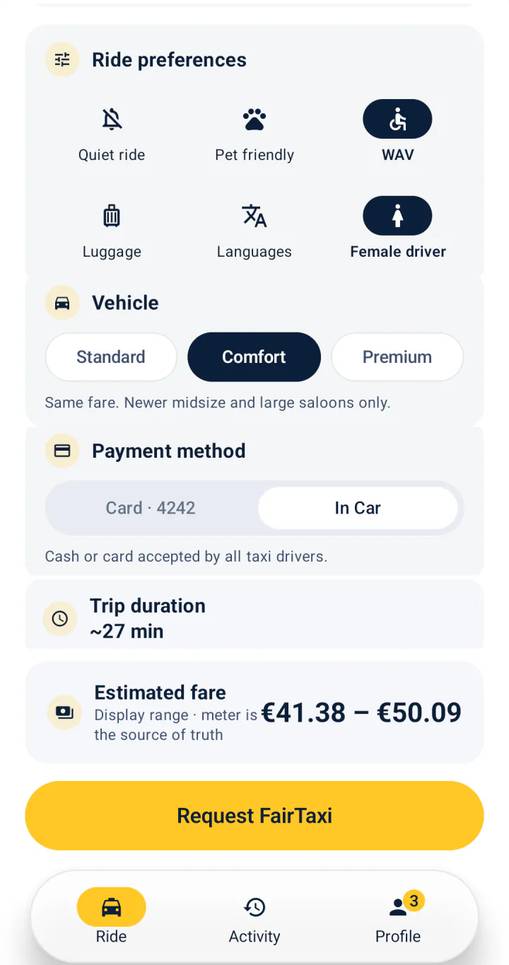 Ride preferences in FairTaxi on Android: wheelchair accessible, female driver, pet friendly, quiet ride and languages